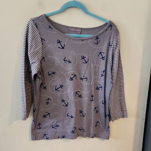 Fresh Produce Beautiful Gray and Blue Anchor Print Top Large - Picture 1 of 5